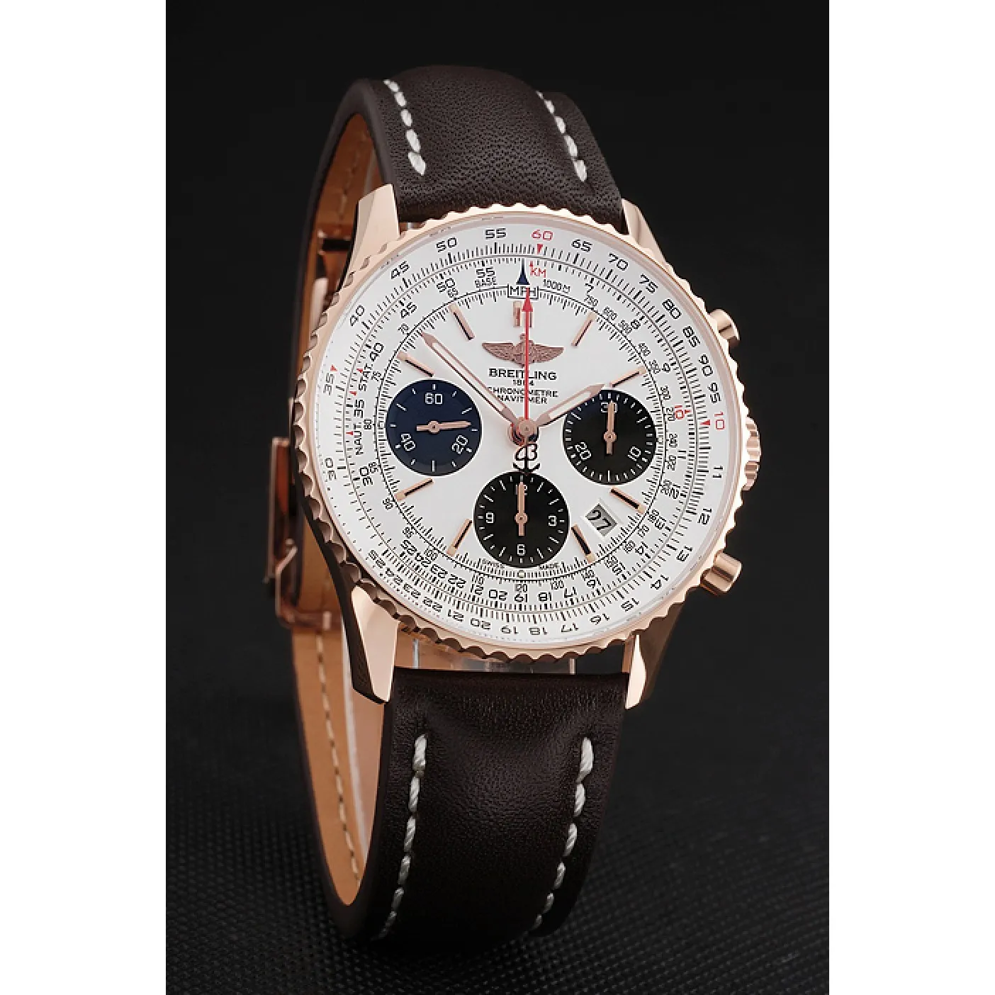 RepTime Watches Swiss Breitling Navitimer 01 White Dial Black Subdials Rose Gold Case Brown Leather Strap 0117