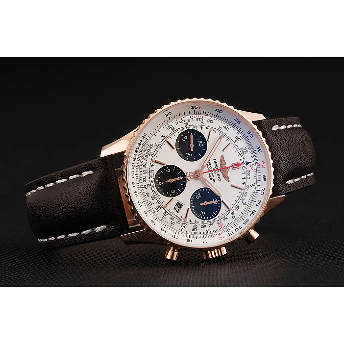 RepTime Watches Swiss Breitling Navitimer 01 White Dial Black Subdials Rose Gold Case Brown Leather Strap 0117