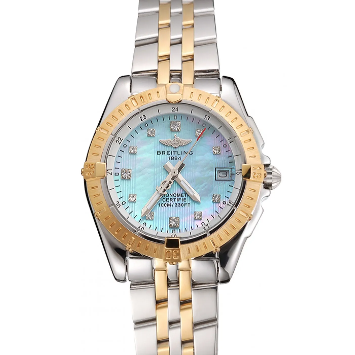 Breitling Colt Lady Light Blue Dial Diamond Hour Marks Gold Bezel Stainless Steel Case Two Tone Bracelet 0115