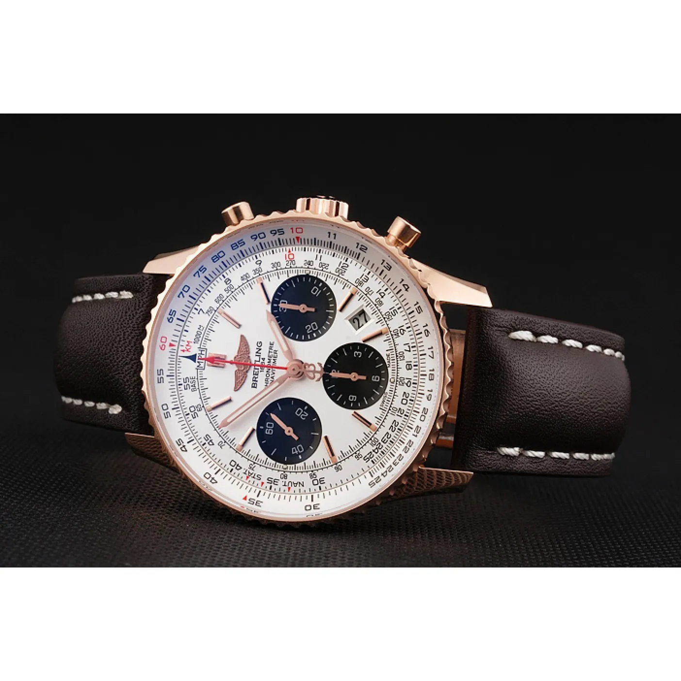 RepTime Watches Swiss Breitling Navitimer 01 White Dial Black Subdials Rose Gold Case Brown Leather Strap 0117