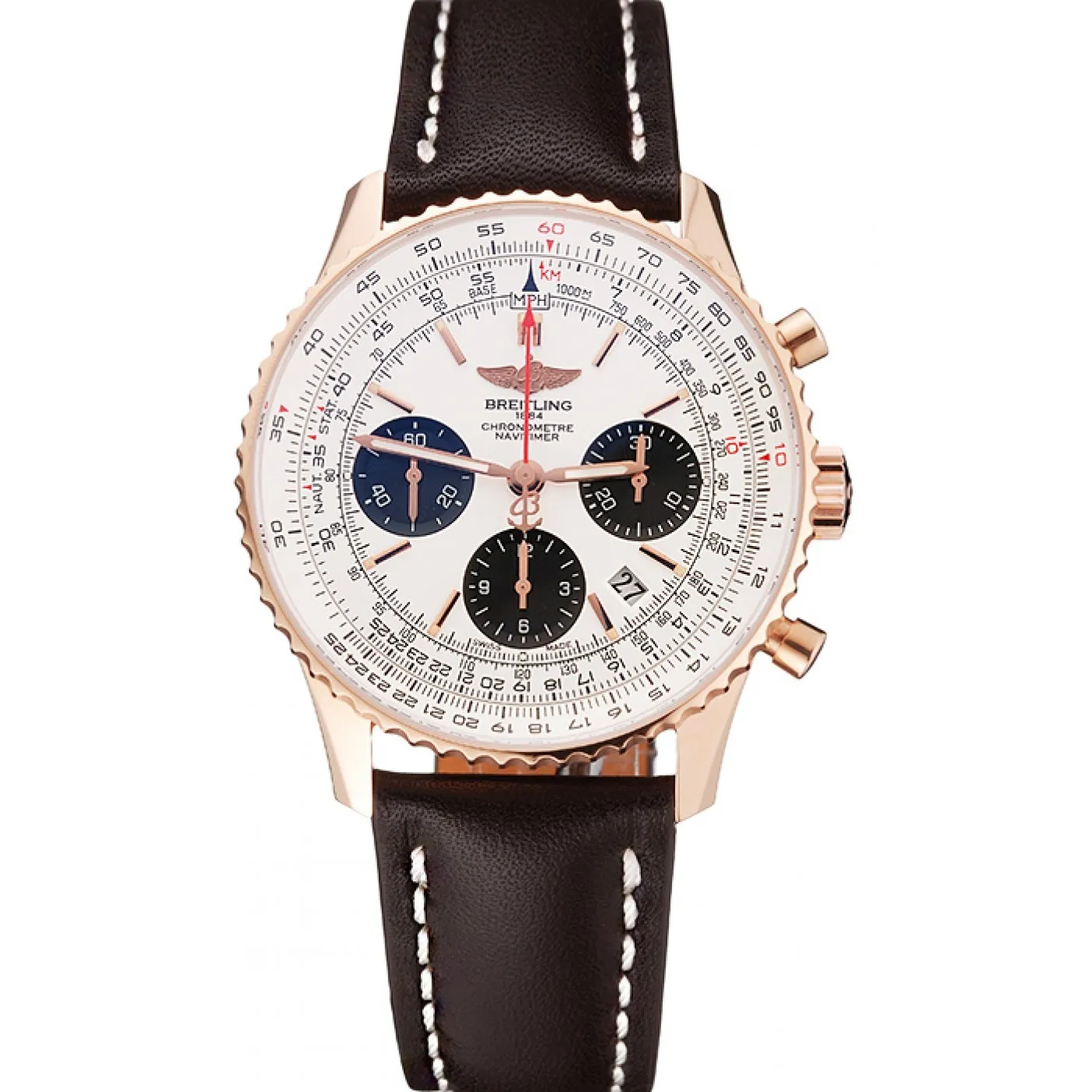 Swiss Breitling Navitimer 01 White Dial Black Subdials Rose Gold Case Brown Leather Strap 0117