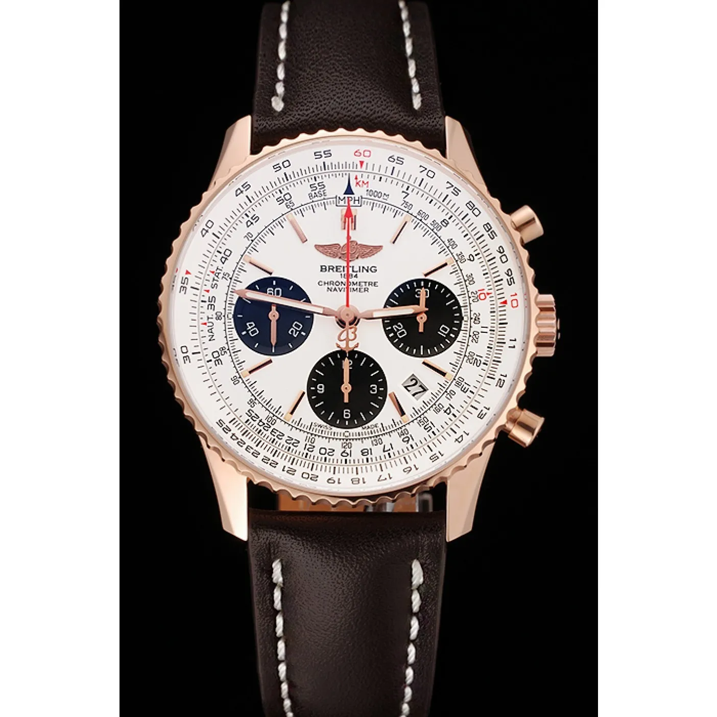 RepTime Watches Swiss Breitling Navitimer 01 White Dial Black Subdials Rose Gold Case Brown Leather Strap 0117