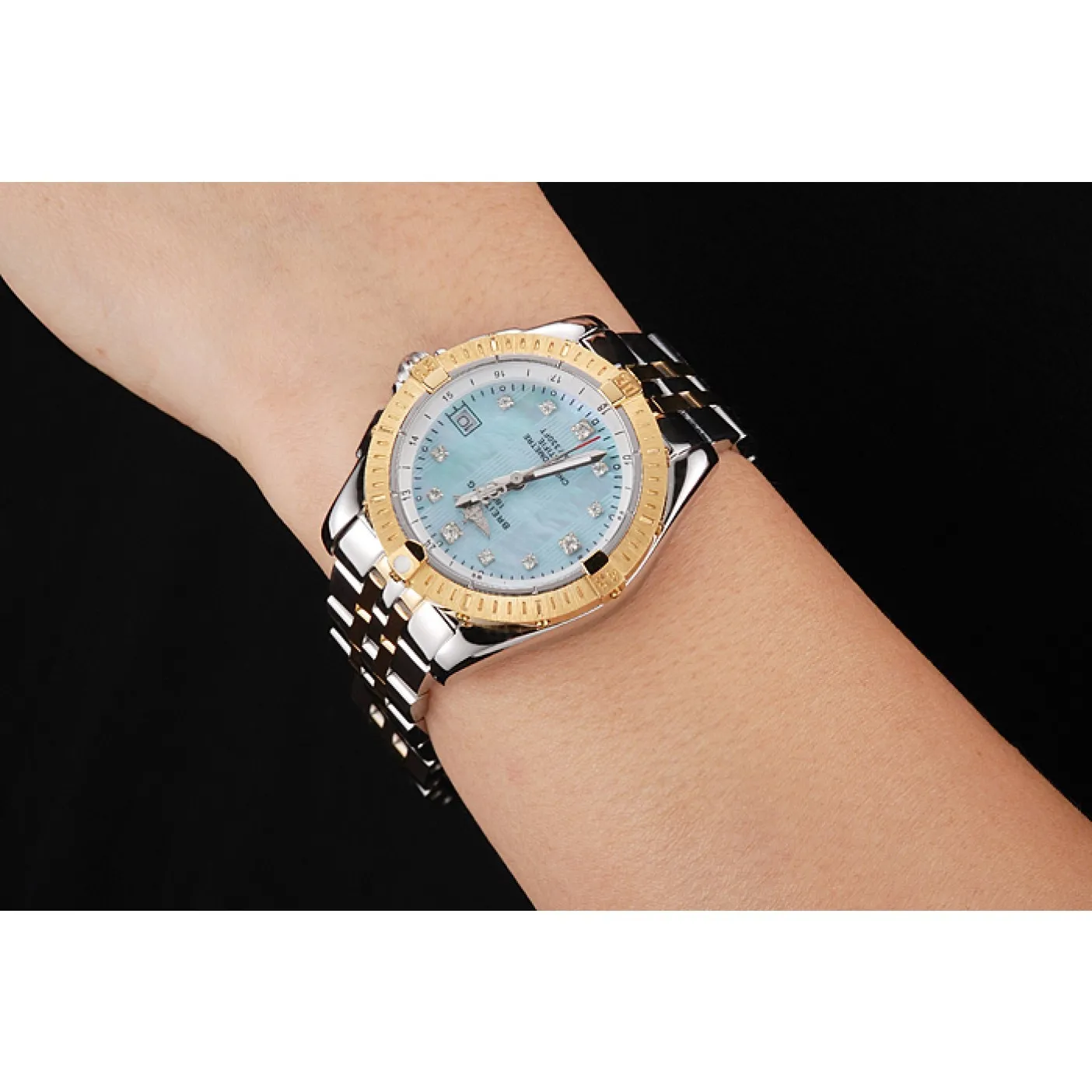 RepTime Watches Breitling Colt Lady Light Blue Dial Diamond Hour Marks Gold Bezel Stainless Steel Case Two Tone Bracelet 0115