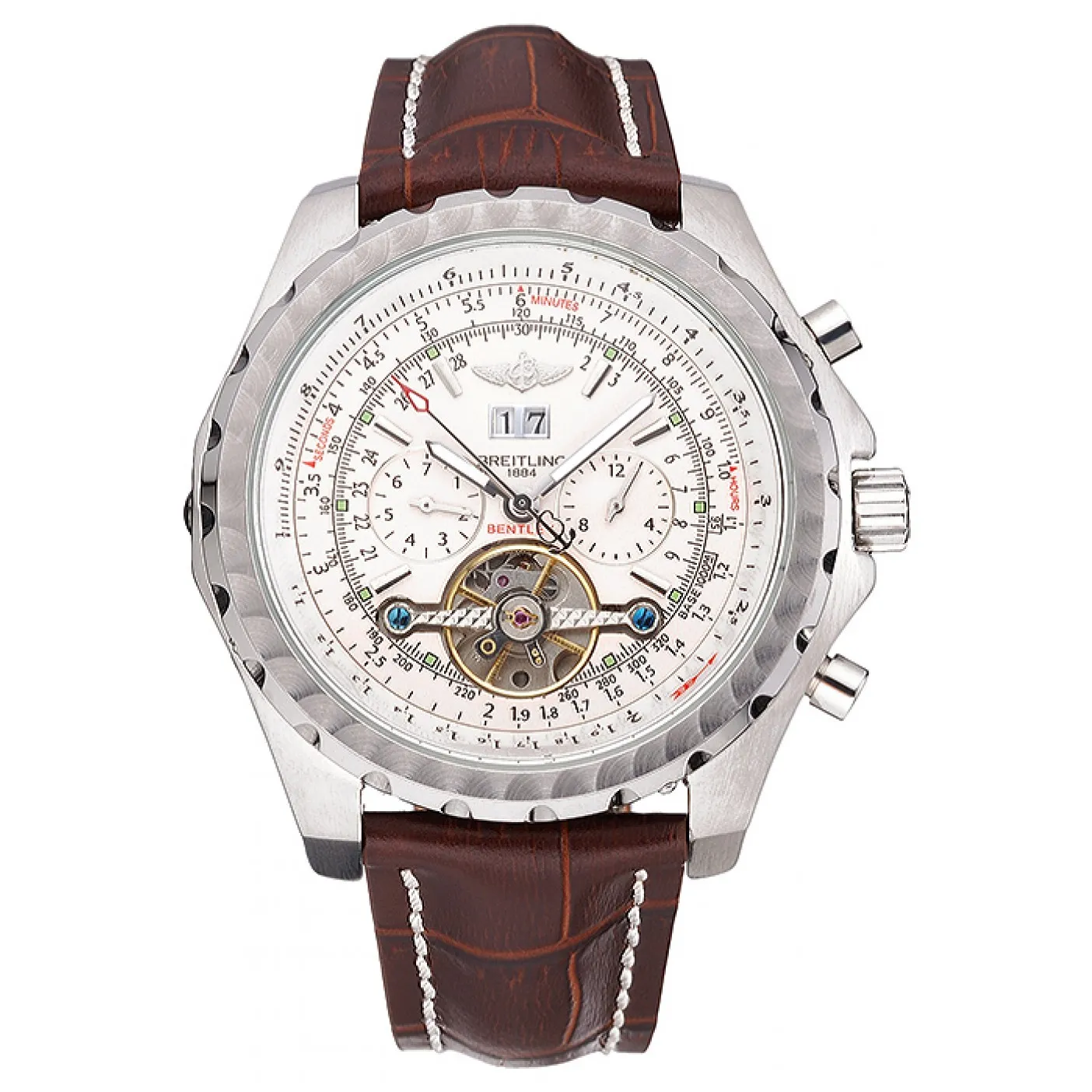 Breitling Bentley Mulliner Tourbillon White Dial Stainless Steel Case Brown Leather Strap 622729 0115