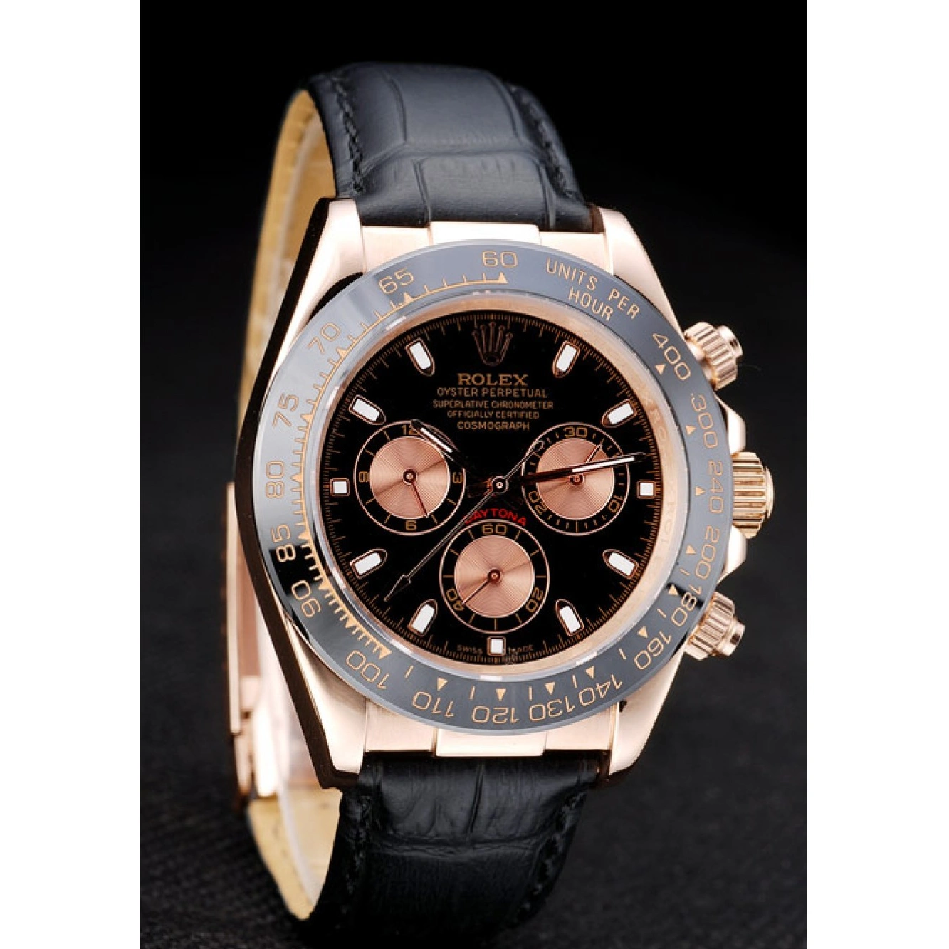 RepTime Watches 0219 Rolex Daytona Rose Gold Case Black Dial Black Leather Strap