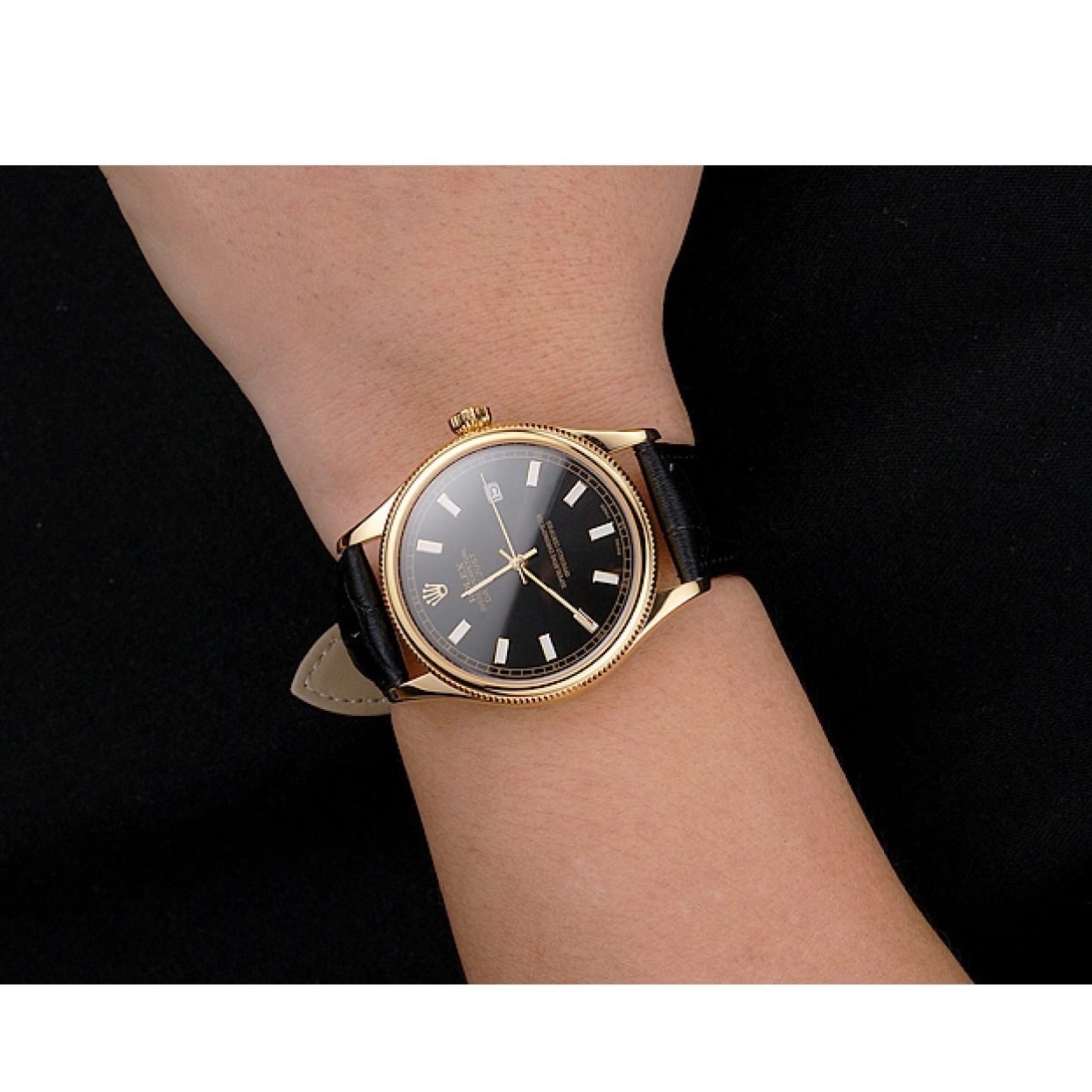 RepTime Watches 0215 Swiss Rolex Datejust Black Dial Gold Case Black Leather Strap