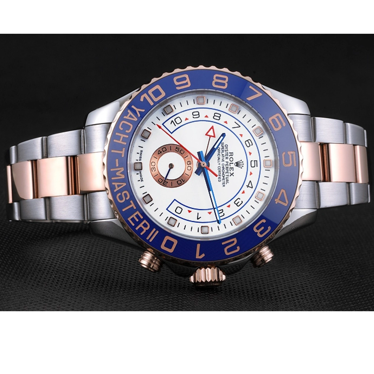 RepTime Watches 0221 Rolex Yacht-Master II White Dial Blue Bezel Stainless Steel and Rose Gold Bracelet 622270