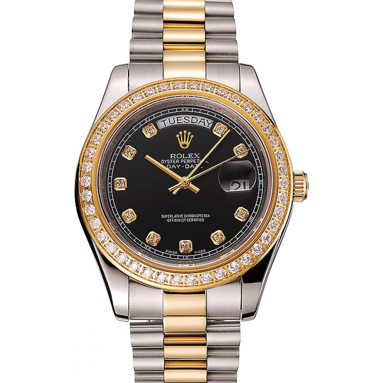 RepTime Watches 0215 Swiss Rolex Day-Date Black Dial Gold Diamond Case Two Tone Stainless Steel Bracelet 1453975