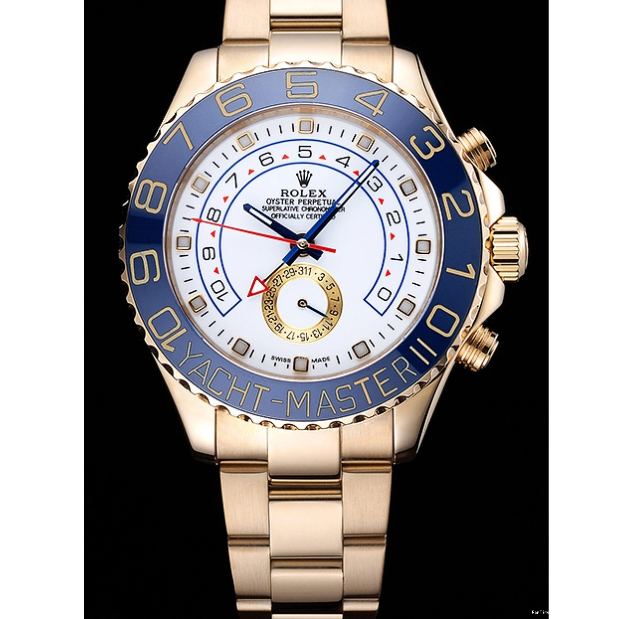 RepTime Watches 0221 Rolex Yachtmaster II White Dial Blue Bezel Gold Bracelet 622271