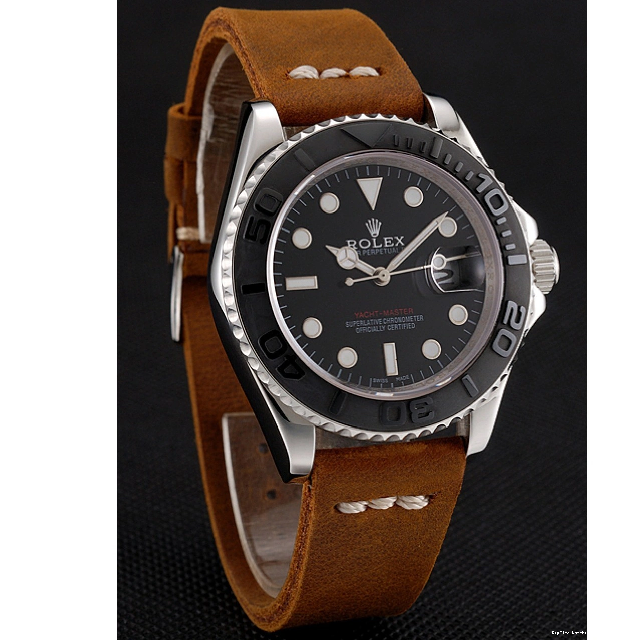 RepTime Watches 0210 Rolex Yacht Master Black Dial Silver Case Brown Leather Bracelet 1453859