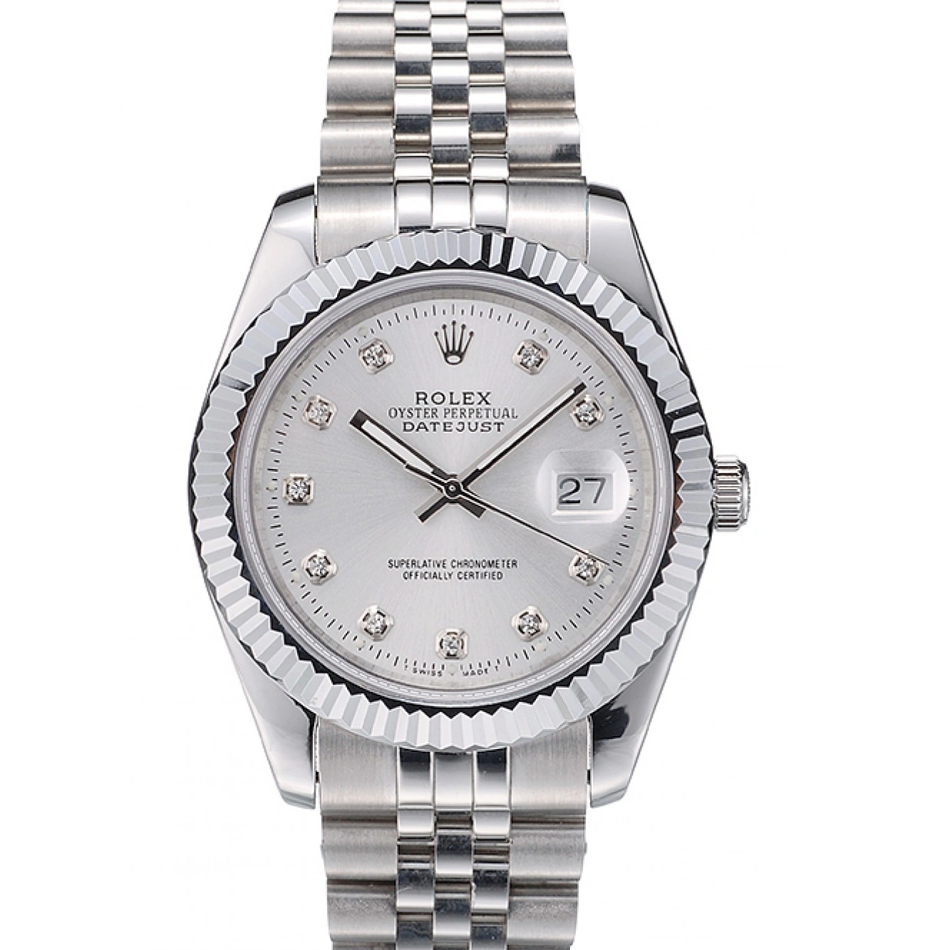 RepTime Watches 0211 Rolex Swiss DateJust Stainless Steel Ribbed Bezel Silver Dial 41996