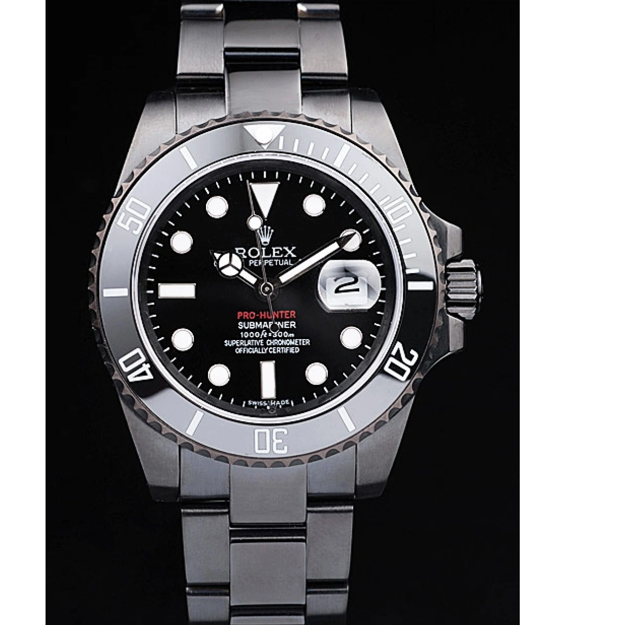 RepTime Watches 0211 Rolex Swiss Submariner Pro-Hunter Black Steel Strap Black Dial