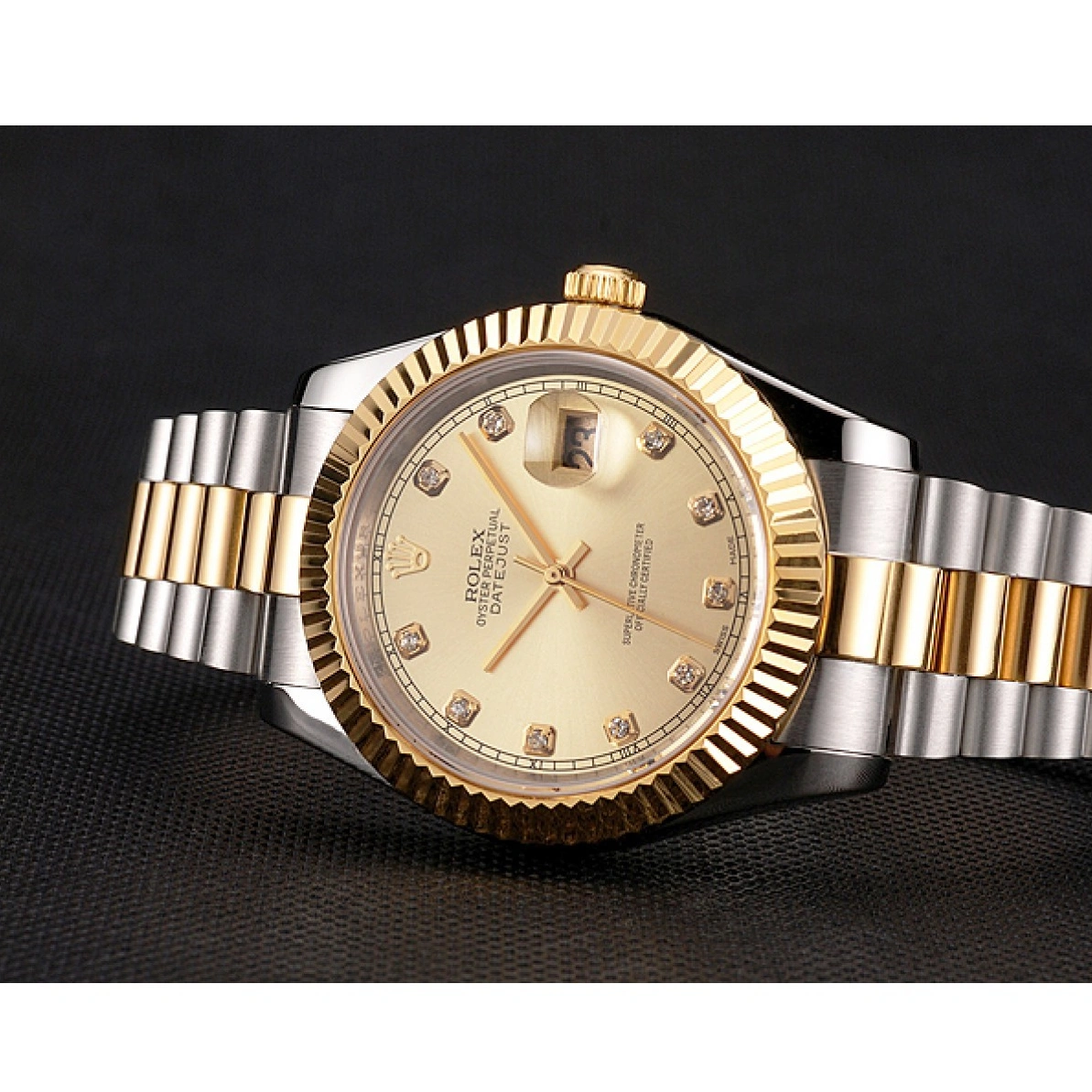 RepTime Watches 0225 Swiss Rolex Datejust Gold Dial And Bezel Stainless Steel Case Two Tone Bracelet