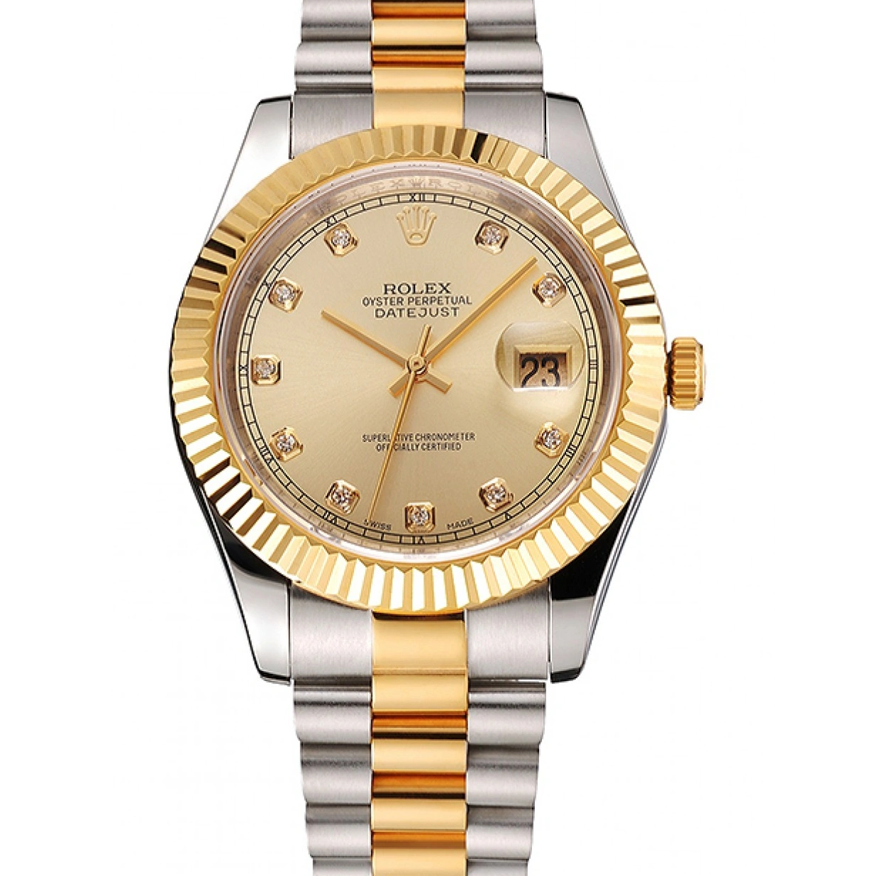 RepTime Watches 0222 Swiss Rolex Datejust Gold Dial And Bezel Stainless Steel Case Two Tone Bracelet