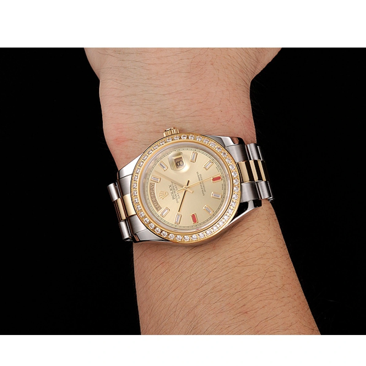 RepTime Watches 0224 Swiss Rolex Day-Date Diamonds And Rubies Champagne Dial Two Tone Bracelet 1454104