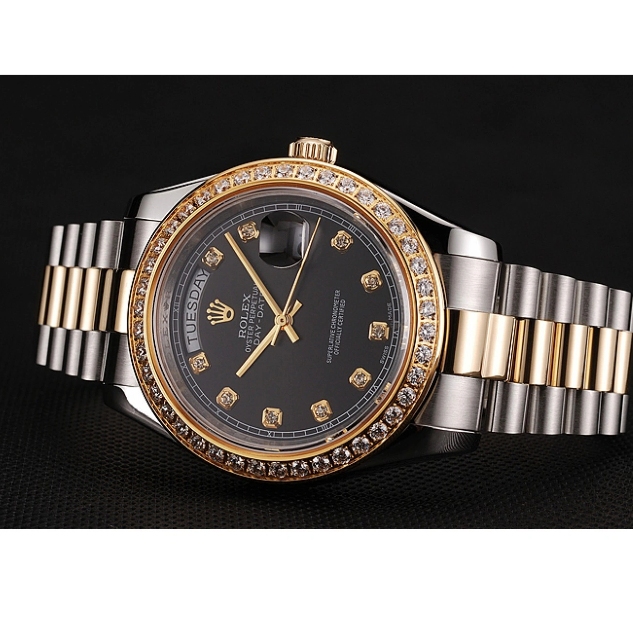 RepTime Watches 0211 Swiss Rolex Day-Date Black Dial Gold Diamond Case Two Tone Stainless Steel Bracelet 1453975