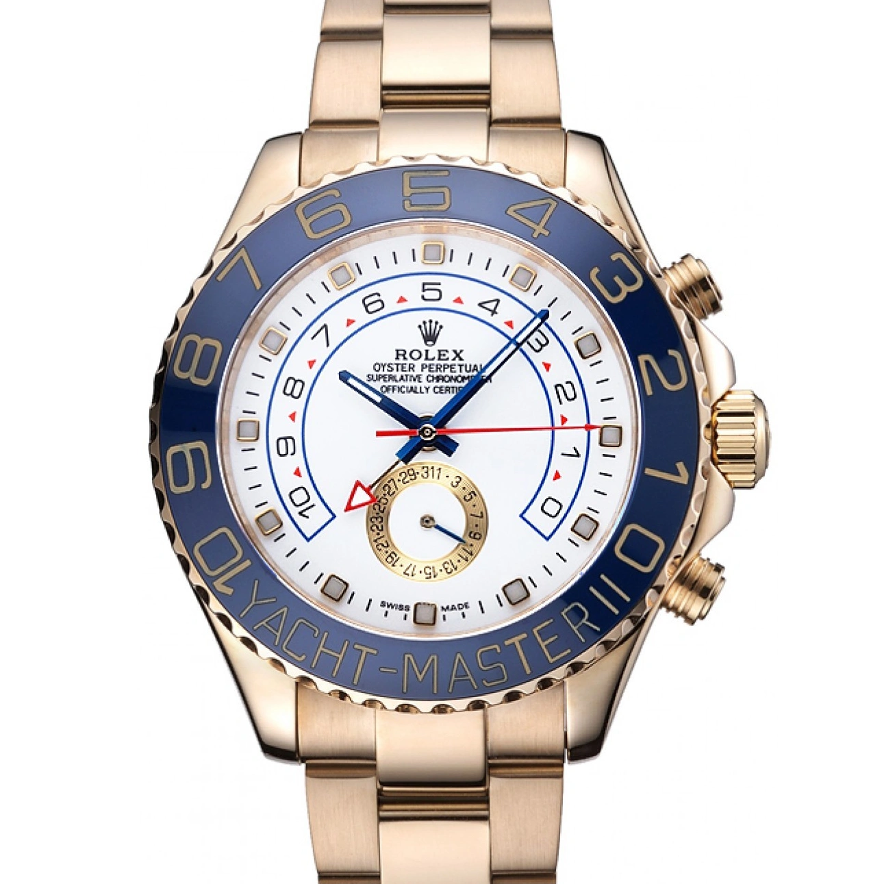 RepTime Watches 0221 Rolex Yachtmaster II White Dial Blue Bezel Gold Bracelet 622271