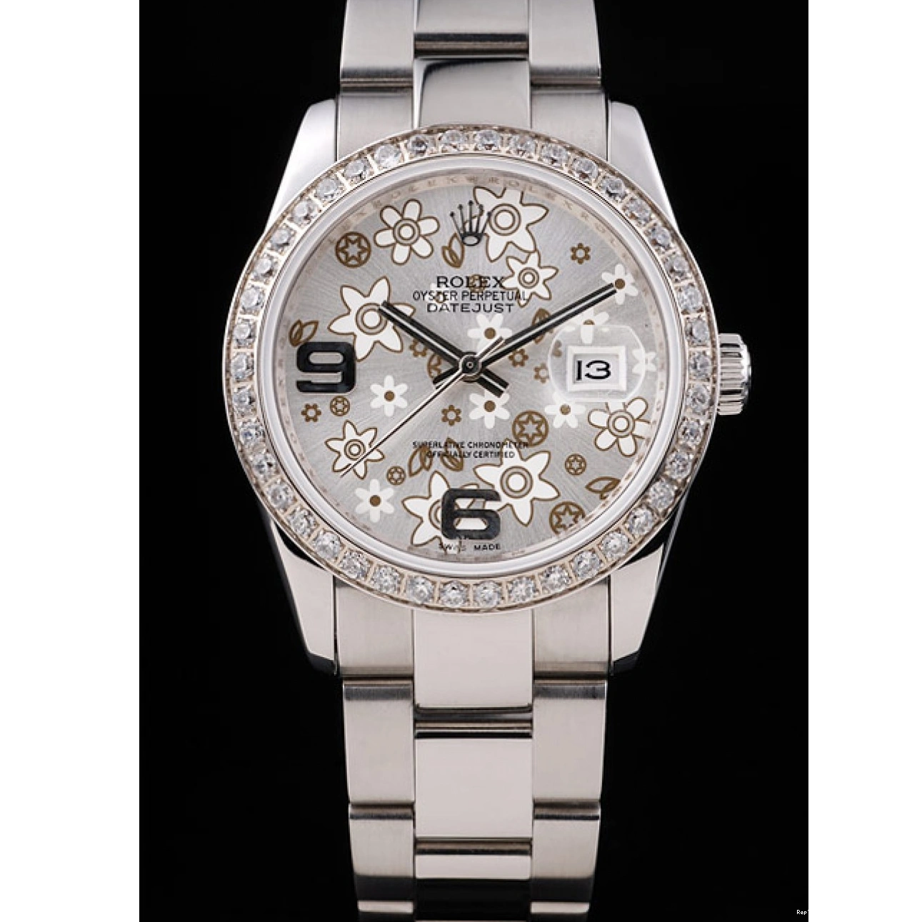 RepTime Watches 0227 Rolex Datejust Stainless Steel Silver Flowers Dial Diamond Plated rl305