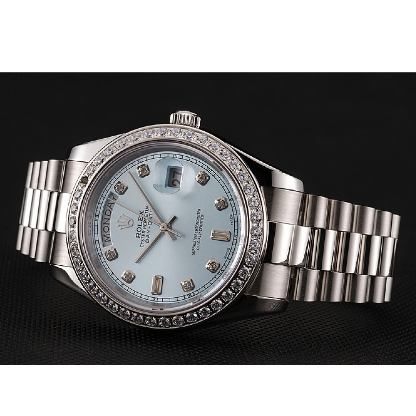 RepTime Watches 0211 Swiss Rolex Day-Date Ice Blue Dial Diamond Case Diamond Numerals Stainless Steel Bracelet 1453963