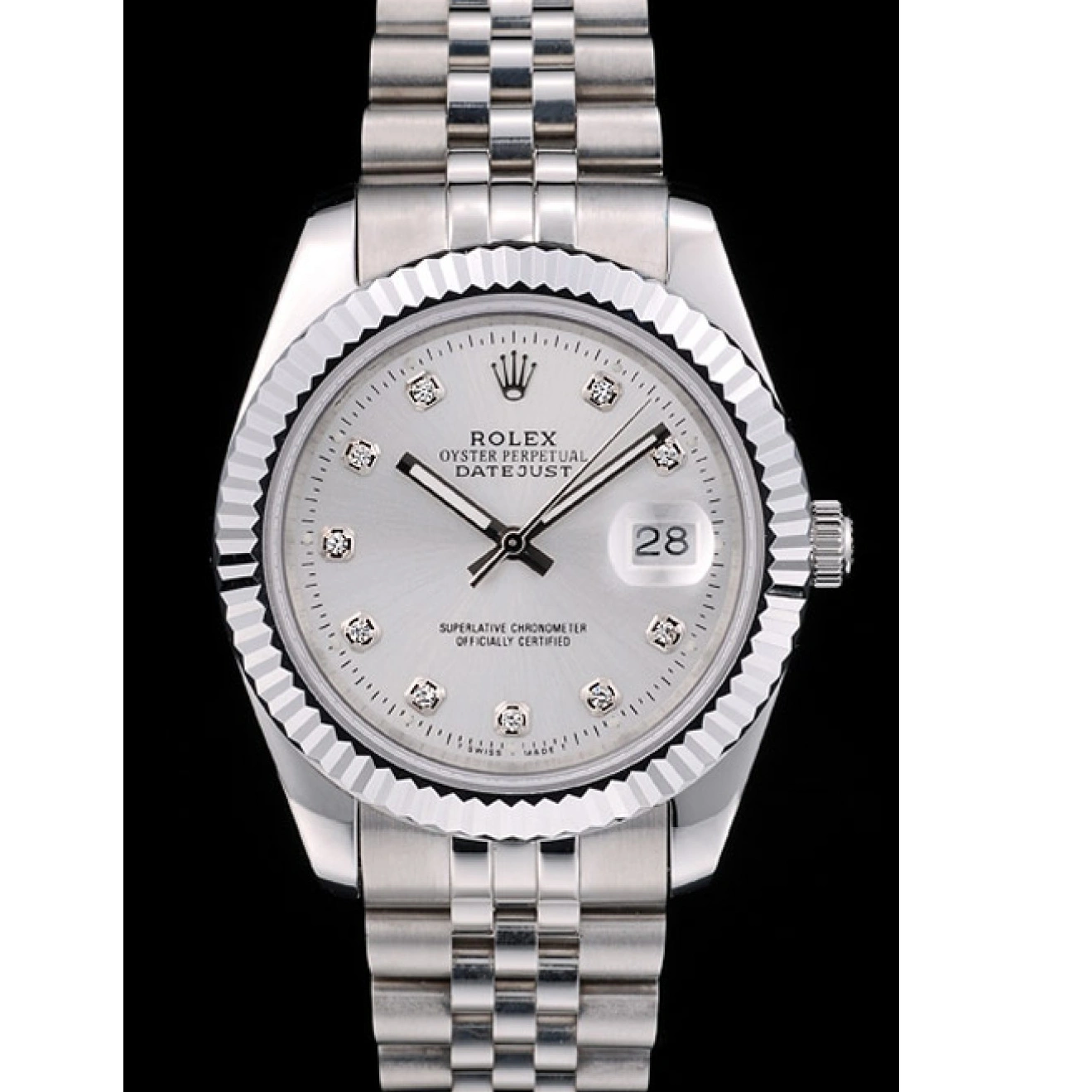 RepTime Watches 0211 Rolex Swiss DateJust Stainless Steel Ribbed Bezel Silver Dial 41996