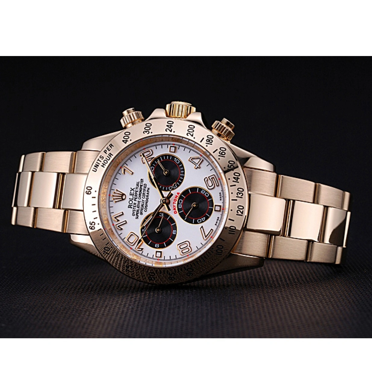 RepTime Watches 0226 Rolex Cosmograph Daytona White with Black Subdials Gold Bracelet 622548