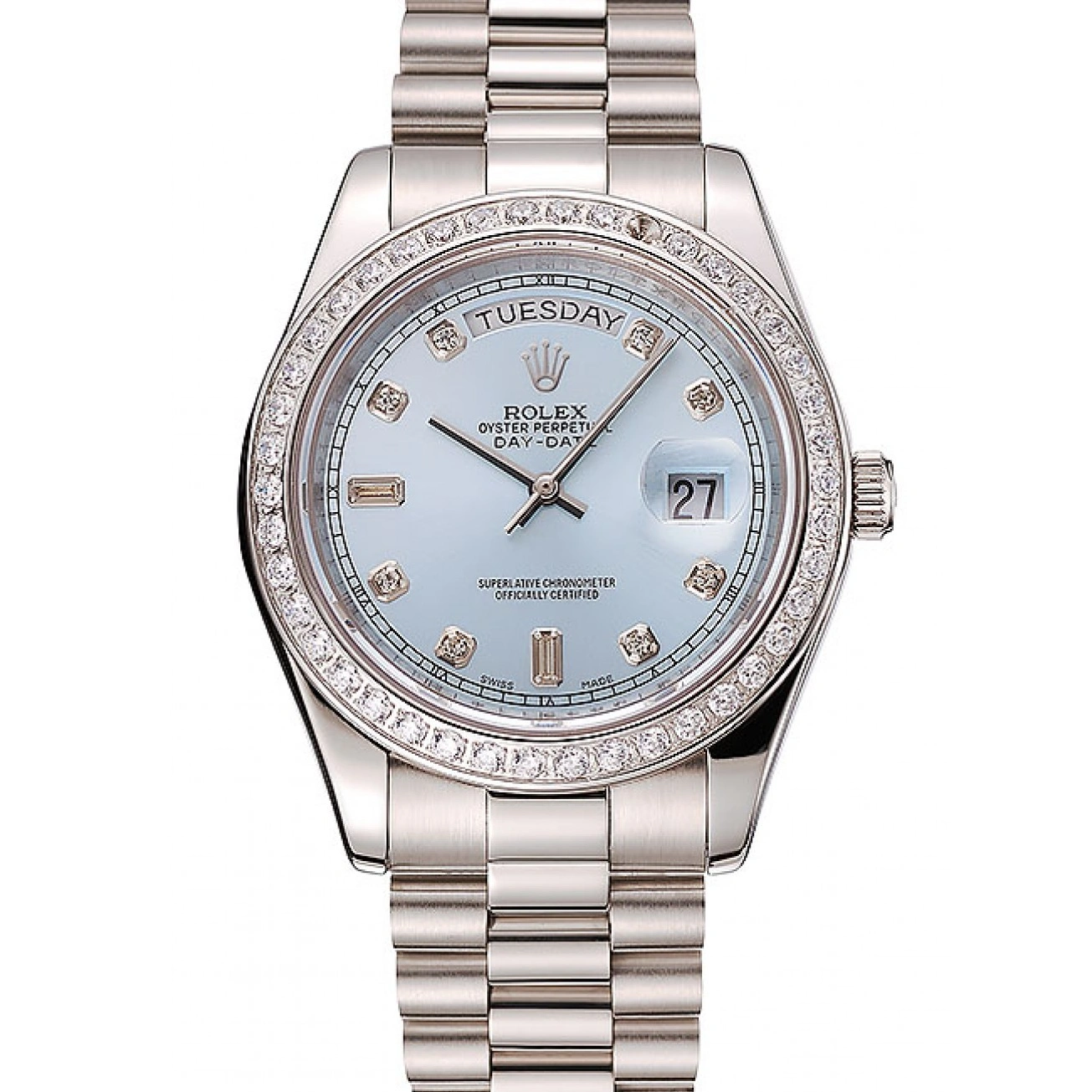 RepTime Watches 0211 Swiss Rolex Day-Date Ice Blue Dial Diamond Case Diamond Numerals Stainless Steel Bracelet 1453963