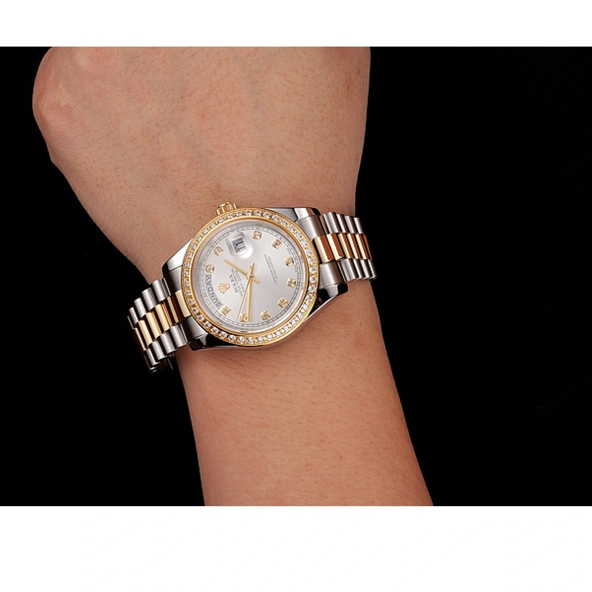 RepTime Watches 0219 Swiss Rolex Day-Date White Dial Gold Diamond Case Two Tone Stainless Steel Bracelet 1453971