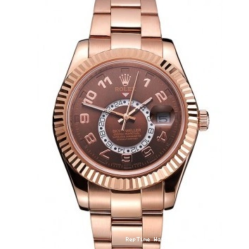 RepTime Watches 0218 Rolex Sky Dweller Brown Dial Rose Gold Case Brown Leather Strap