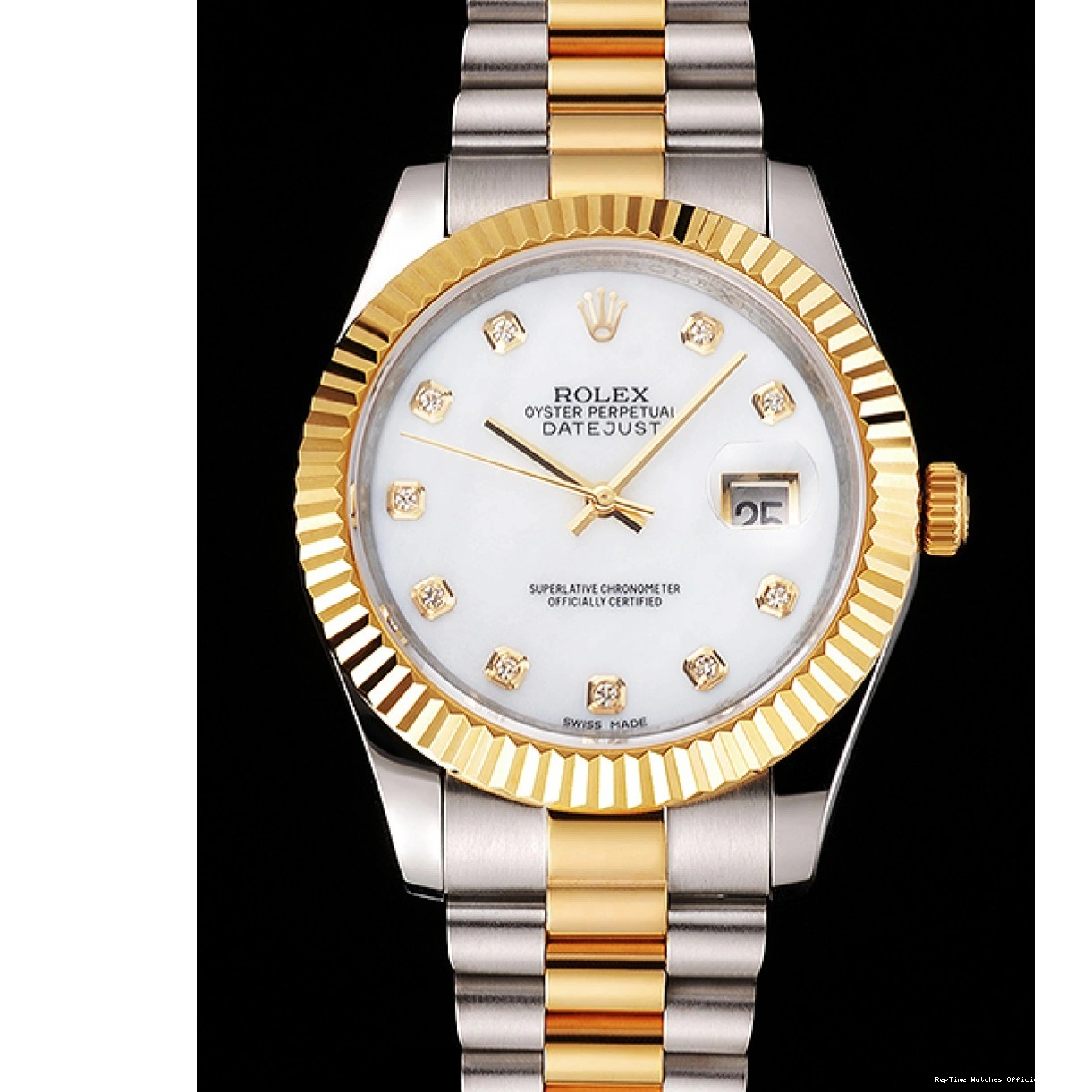 RepTime Watches 0216 Swiss Rolex Datejust White Dial Diamond Hour Marks Gold Bezel Stainless Steel Case Two Tone Bracelet