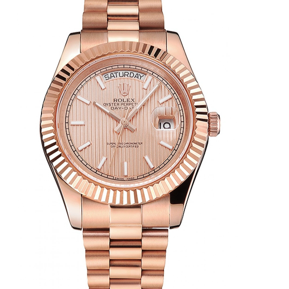 RepTime Watches 0213 Swiss Rolex Day Date 40 Rose Gold Etched Dial Rose Gold Case And Bracelet