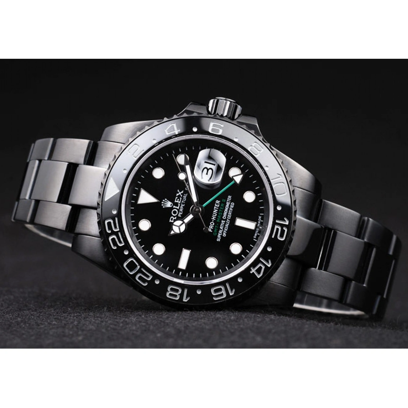 RepTime Watches 0215 Rolex Swiss GMT Master II Pro-Hunter Black Steel Strap Black Dial