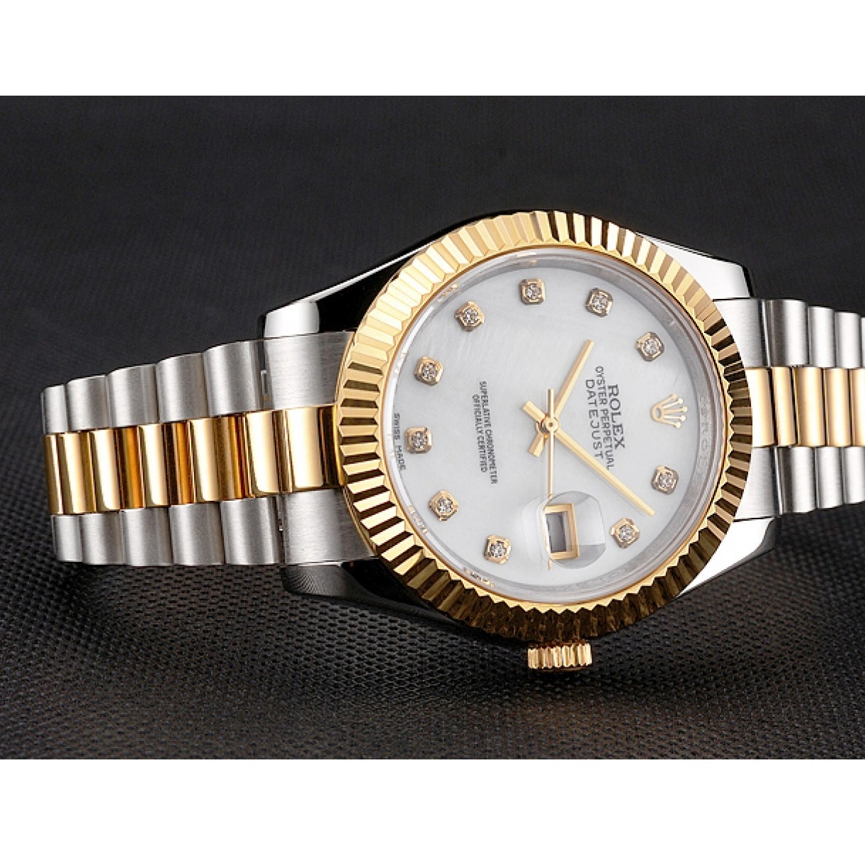 RepTime Watches 0216 Swiss Rolex Datejust White Dial Diamond Hour Marks Gold Bezel Stainless Steel Case Two Tone Bracelet