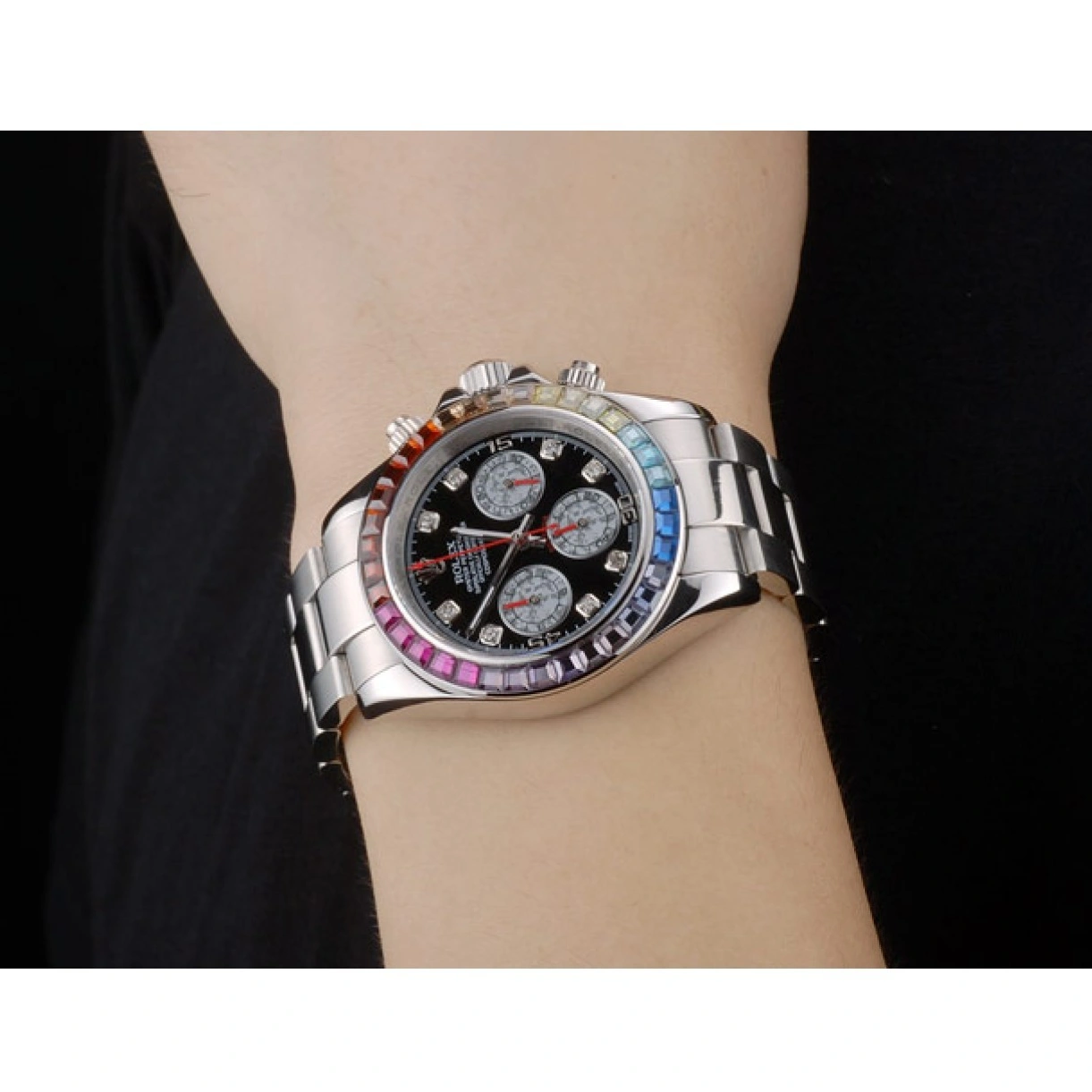 RepTime Watches 0224 Rolex Daytona Cosmograph Rainbow Crystals Bezel Stainless Steep Strap Black Dial 80250