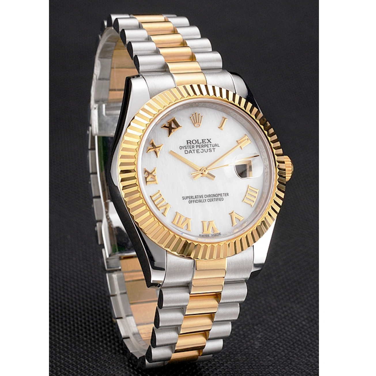 RepTime Watches 0219 Swiss Rolex Datejust White Dial Roman Numerals Gold Bezel Stainless Steel Case Two Tone Bracelet