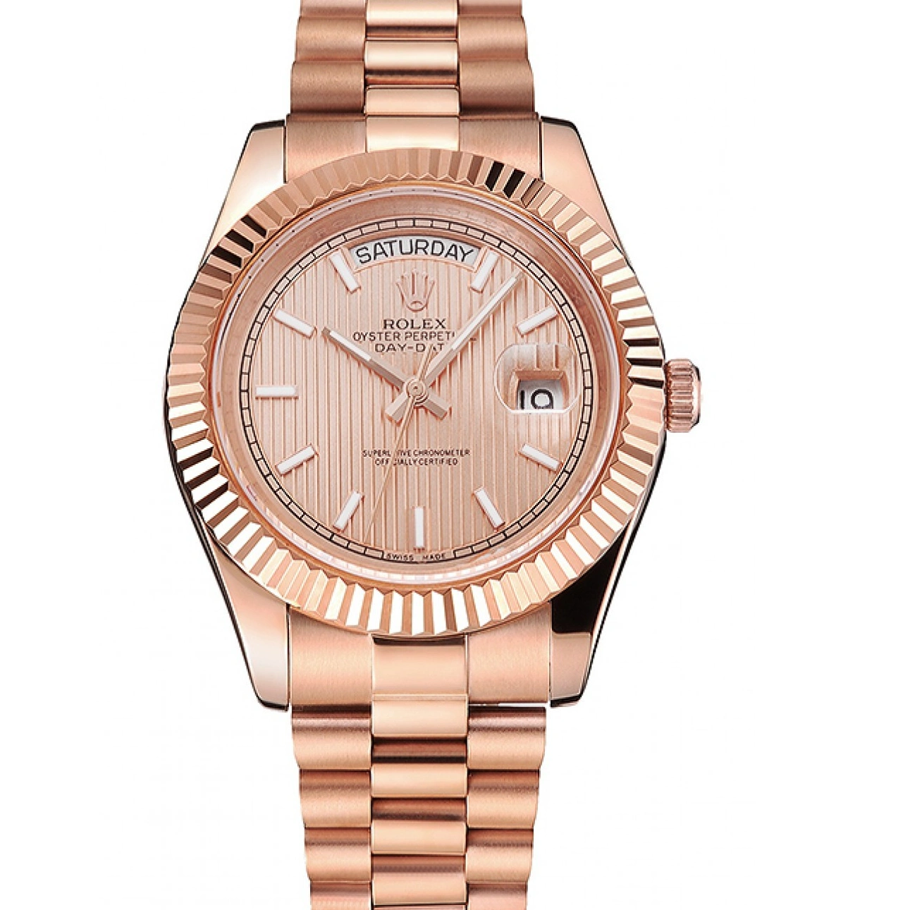 RepTime Watches 0221 Swiss Rolex Day Date 40 Rose Gold Etched Dial Rose Gold Case And Bracelet