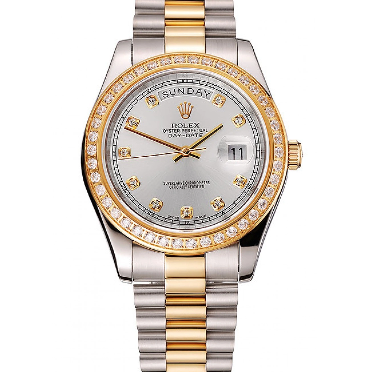 RepTime Watches 0219 Swiss Rolex Day-Date White Dial Gold Diamond Case Two Tone Stainless Steel Bracelet 1453971