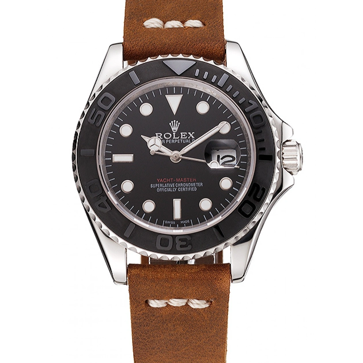 RepTime Watches 0210 Rolex Yacht Master Black Dial Silver Case Brown Leather Bracelet 1453859