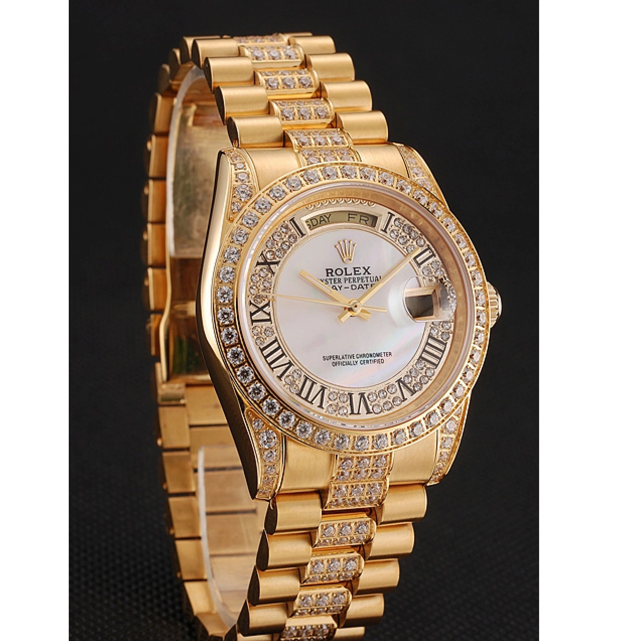 RepTime Watches 0213 Swiss Rolex Day-Date Diamond Pave White Dial Gold Diamond Bracelet 1453958