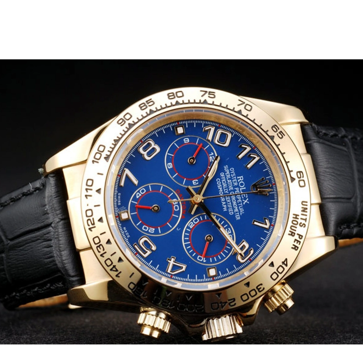 RepTime Watches 0221 Rolex Daytona Gold Case Blue Dial Black Leather Strap