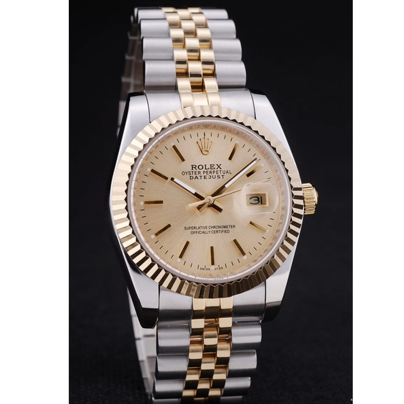 RepTime Watches 0226 Rolex Datejust Gold Dial Ribbed Bezel 7450