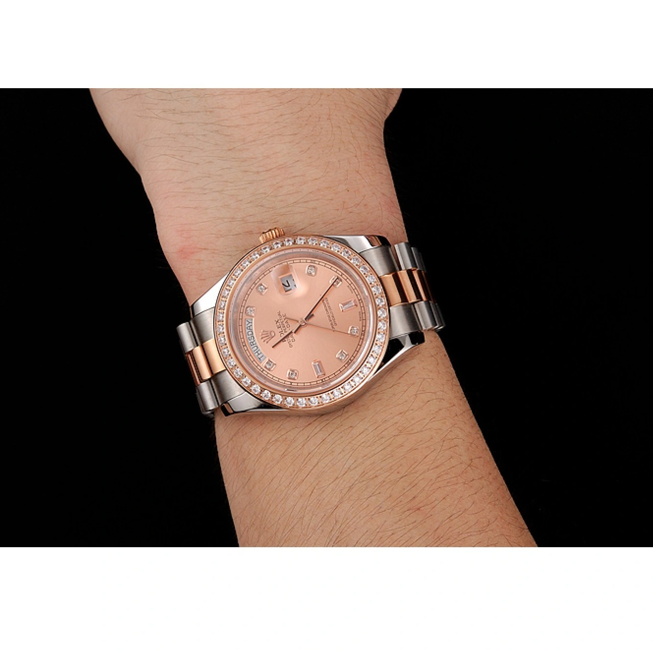 RepTime Watches 0212 Swiss Rolex Day-Date Diamonds Bezel Rose Gold And Staineless Steel Bracelet 1454107