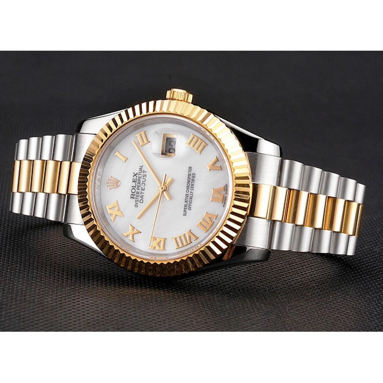 RepTime Watches 0219 Swiss Rolex Datejust White Dial Roman Numerals Gold Bezel Stainless Steel Case Two Tone Bracelet