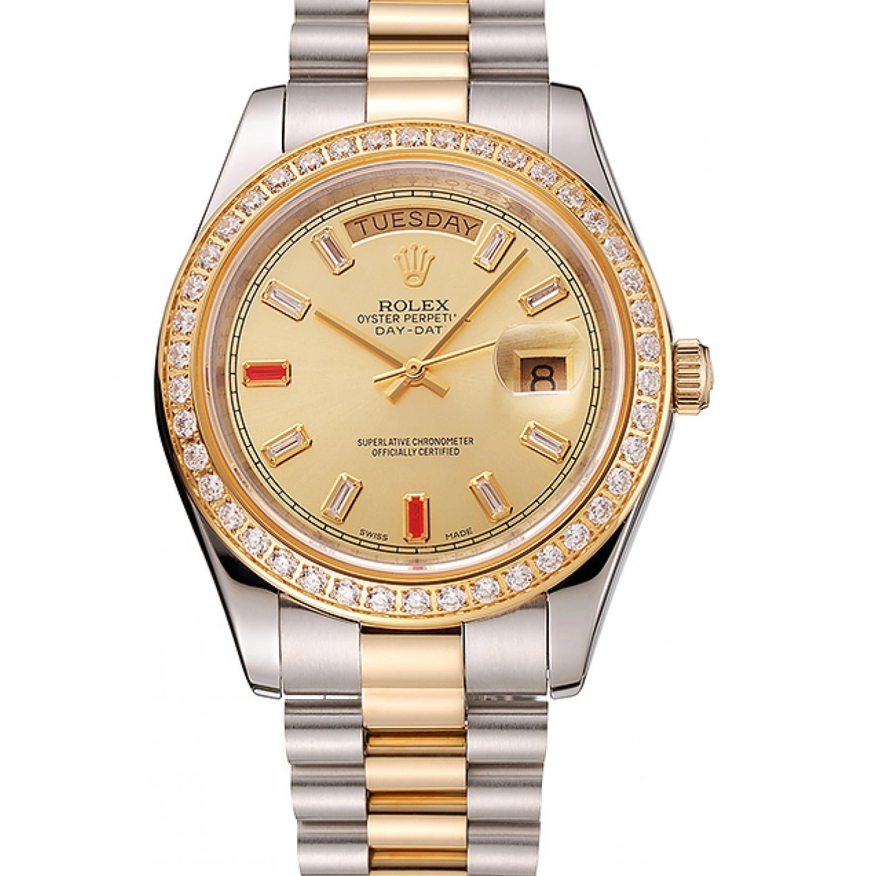 RepTime Watches 0224 Swiss Rolex Day-Date Diamonds And Rubies Champagne Dial Two Tone Bracelet 1454104