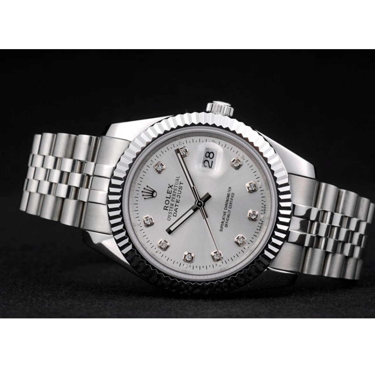 RepTime Watches 0211 Rolex Swiss DateJust Stainless Steel Ribbed Bezel Silver Dial 41996