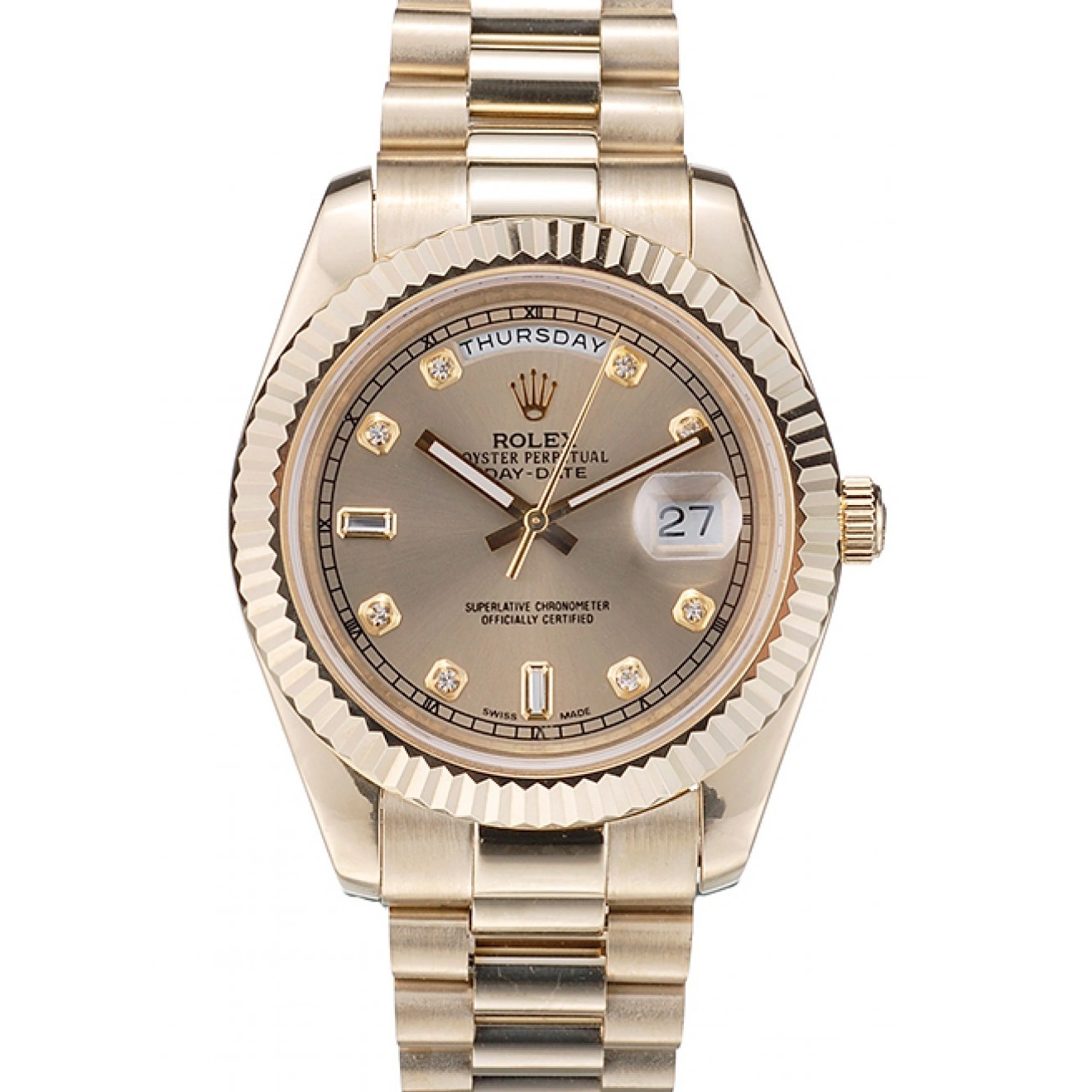 RepTime Watches 0221 Rolex Swiss DayDate Gold Stainless Steel Ribbed Bezel Gold Dial 41997