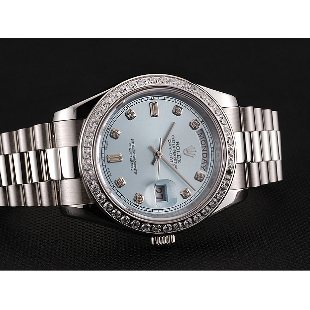 RepTime Watches 0211 Swiss Rolex Day-Date Ice Blue Dial Diamond Case Diamond Numerals Stainless Steel Bracelet 1453963