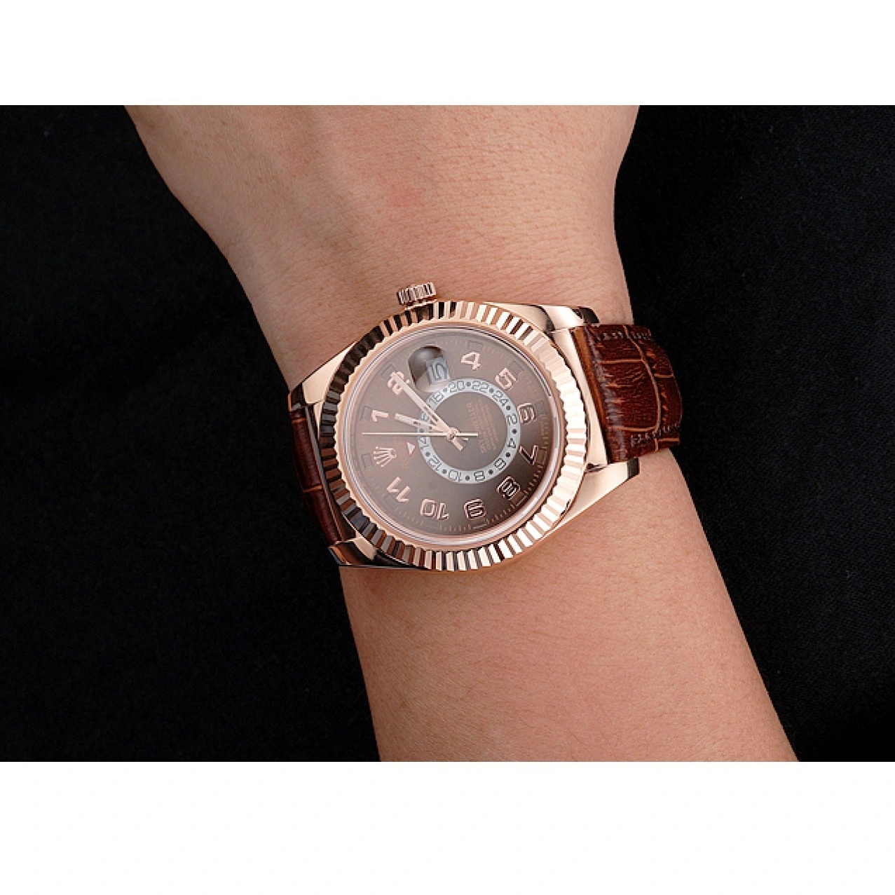 RepTime Watches 0218 Rolex Sky Dweller Brown Dial Rose Gold Case Brown Leather Strap