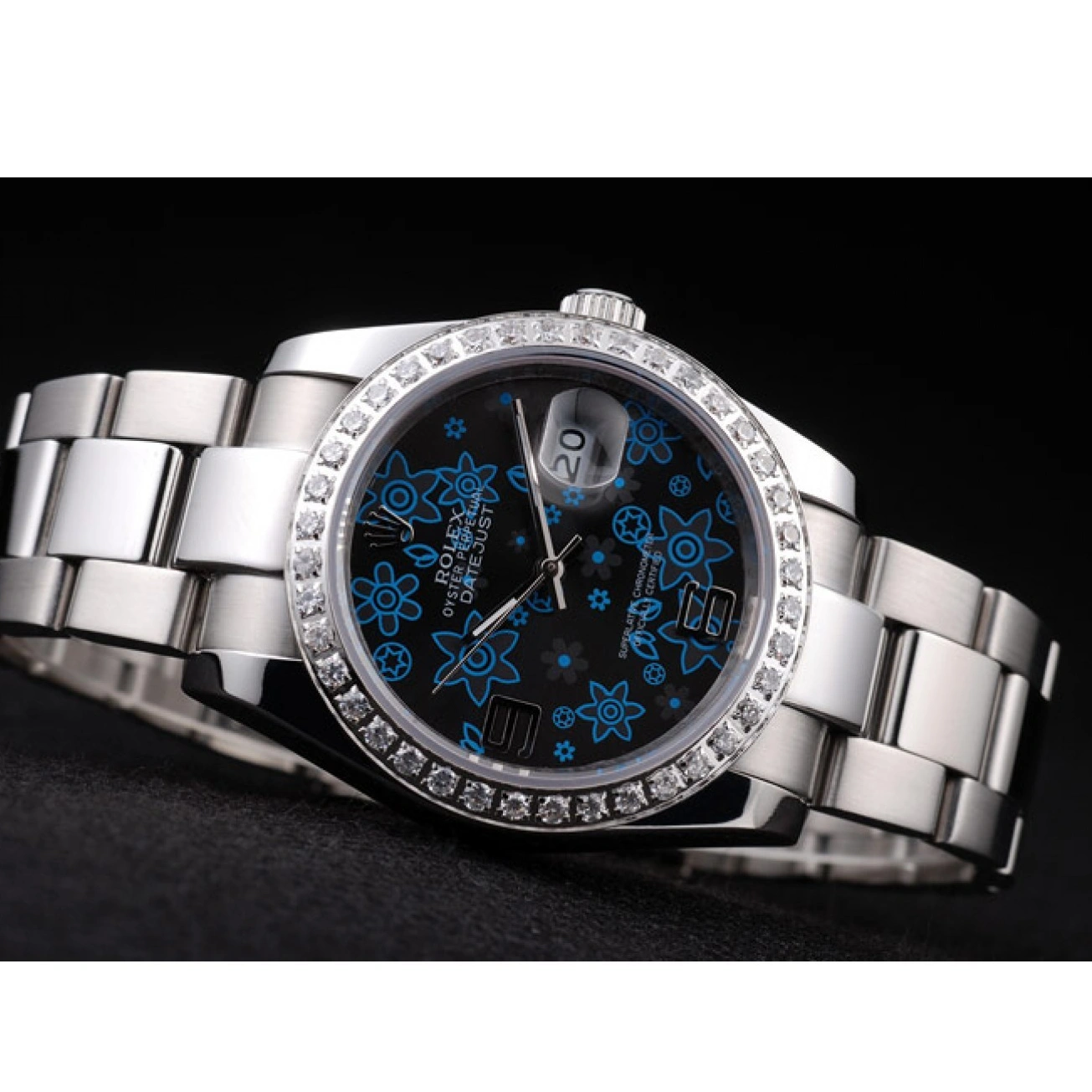 RepTime Watches 0227 Rolex Datejust Polished Stainless Steel Dark Blue Flowers Dial Diamond Plated