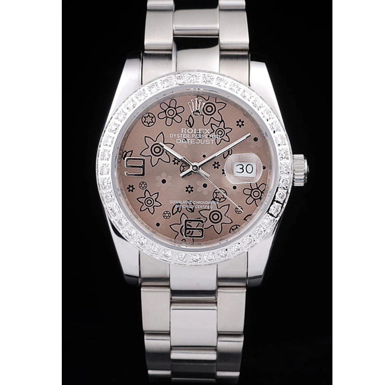 RepTime Watches 0215 Rolex Datejust Polished Stainless Steel Brown Flowers Dial Diamond Plated