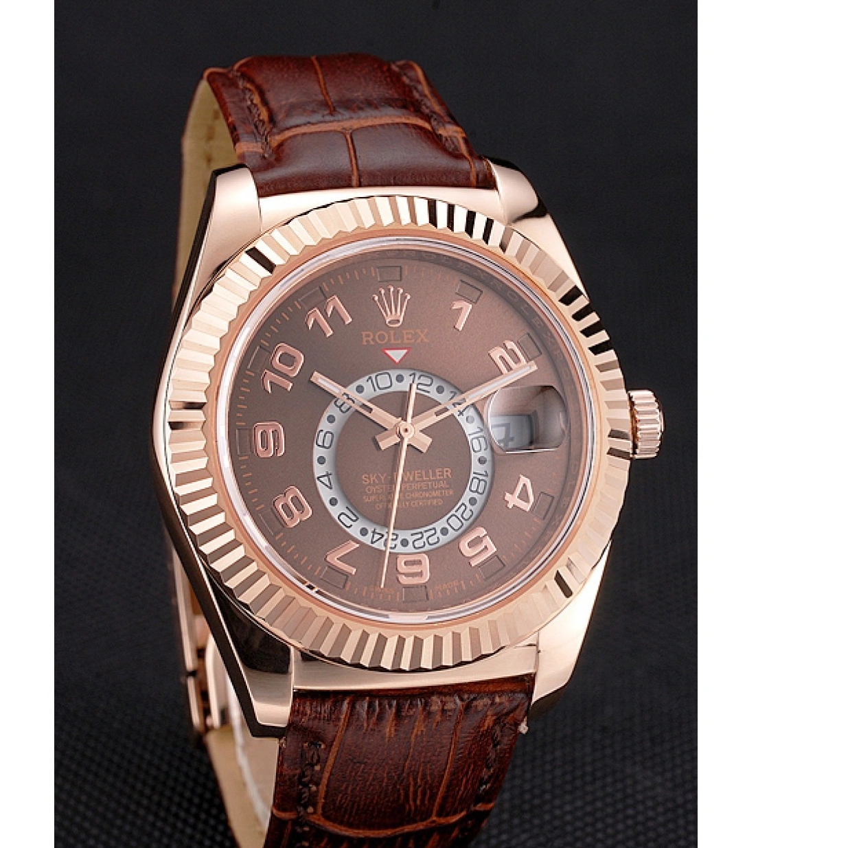 RepTime Watches 0218 Rolex Sky Dweller Brown Dial Rose Gold Case Brown Leather Strap